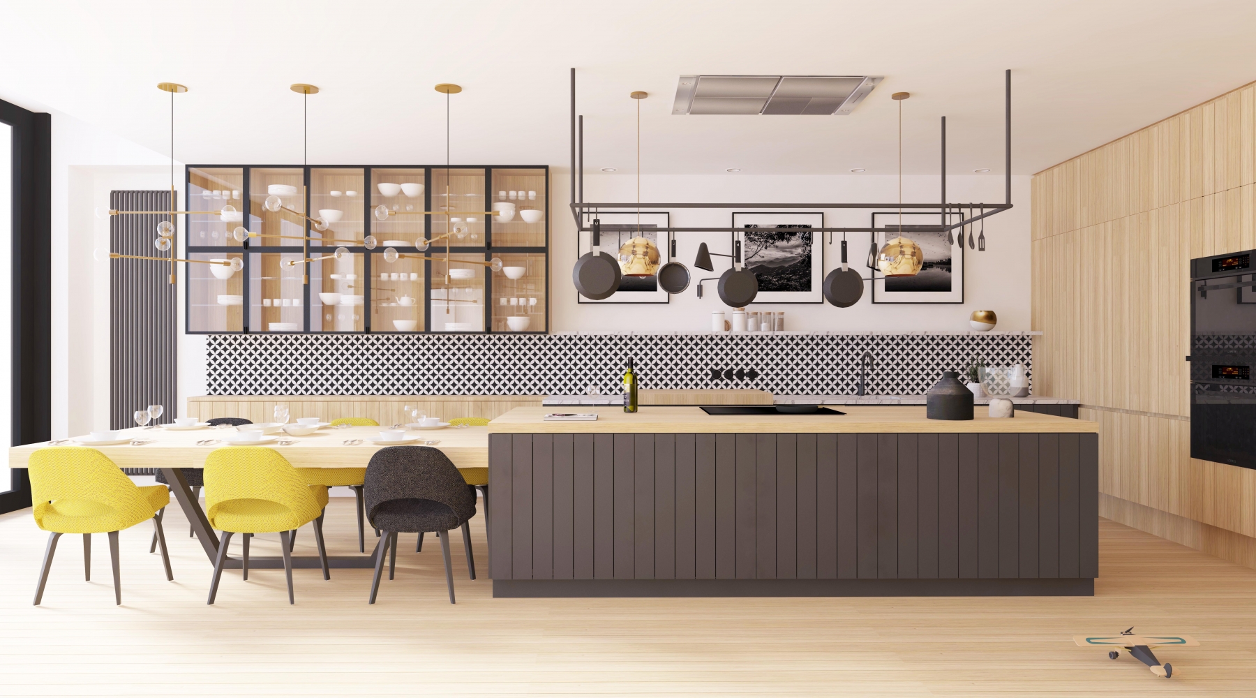 Interiér bytu v novostavbě antracitová velká kuchyň velký skleník černo-bílé retro obklady 
