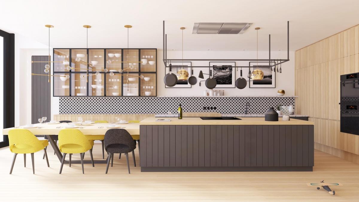 Interior of apartment in new building large kitchen antracit kitchen