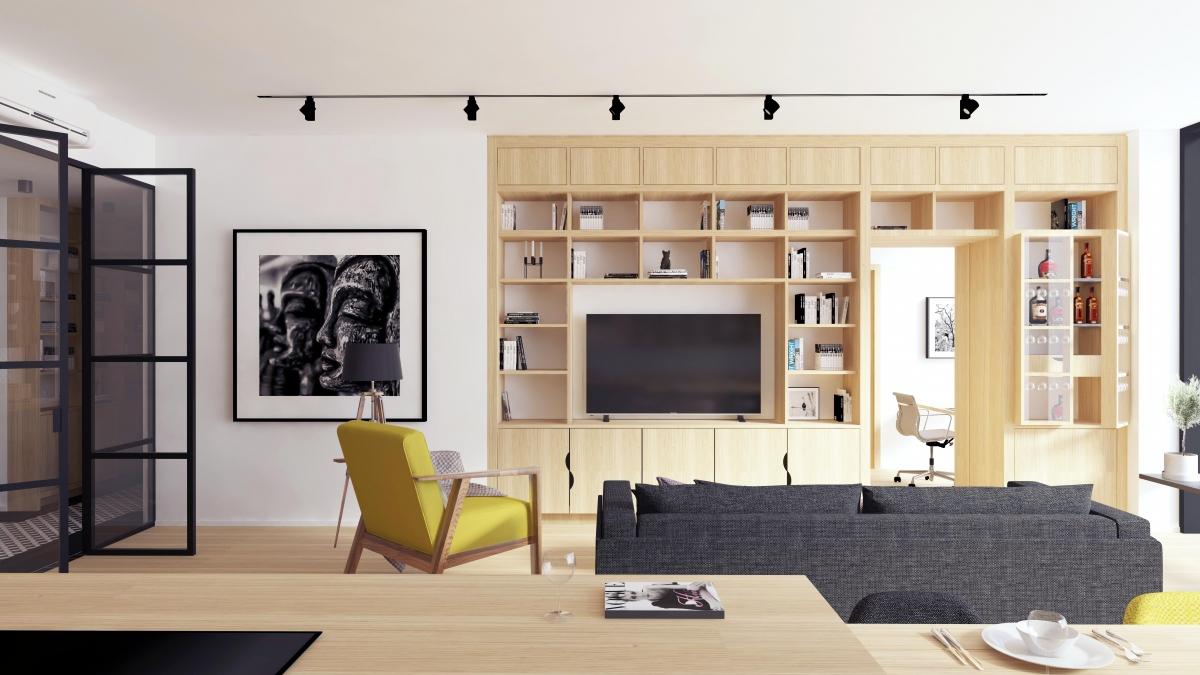Interior of apartment in new building large bookcase with bar oak