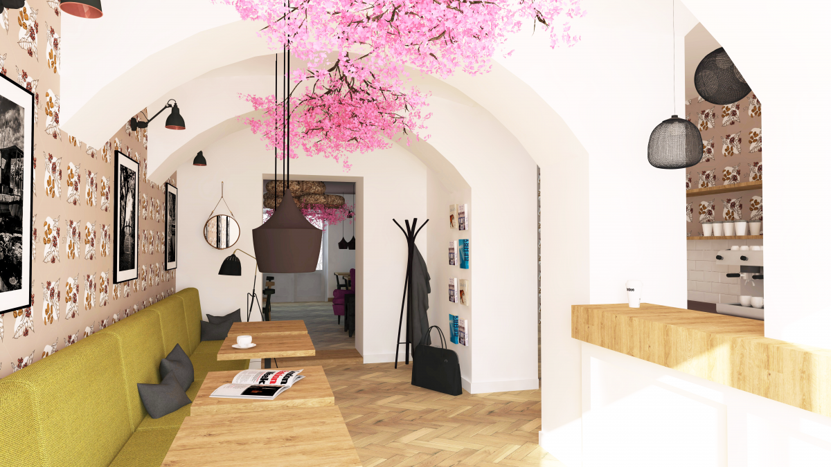 citlivá barevná rekonstrukce historického objektu na designovou kavárnu přírodní materiály barevná lavice retro