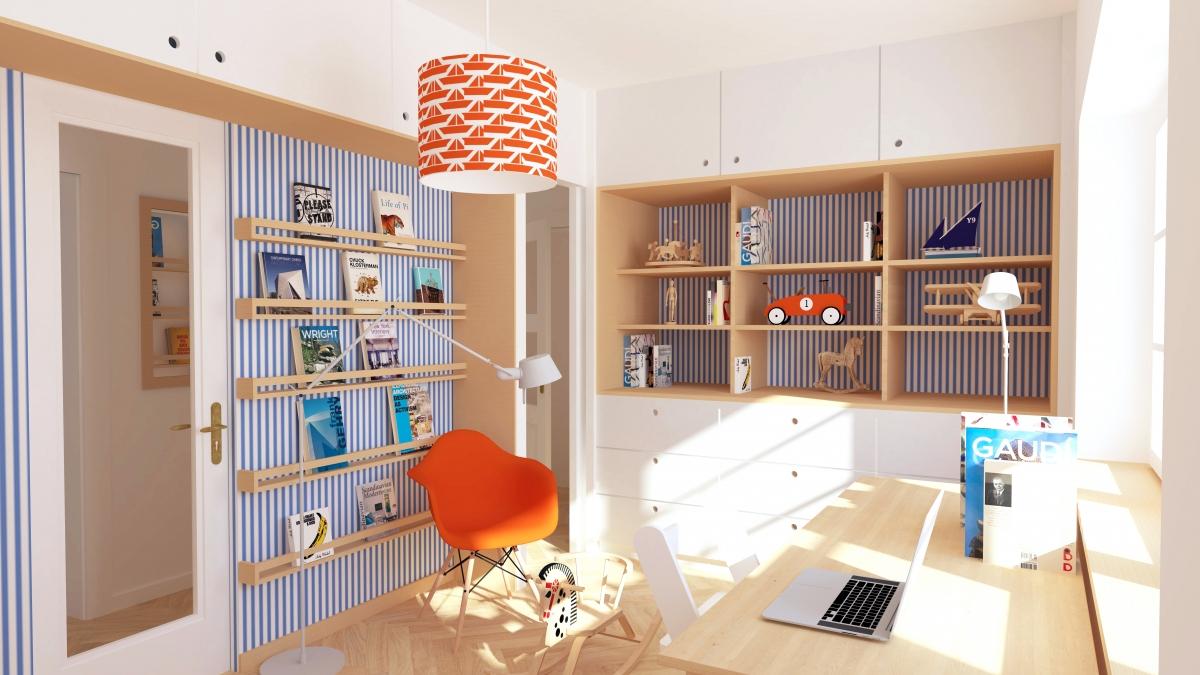 svěží barevná moderní retro rekonstrukce domu na Spořilově Praha barevný dětský pokoj pro kluky a holky v námořnickém stylu