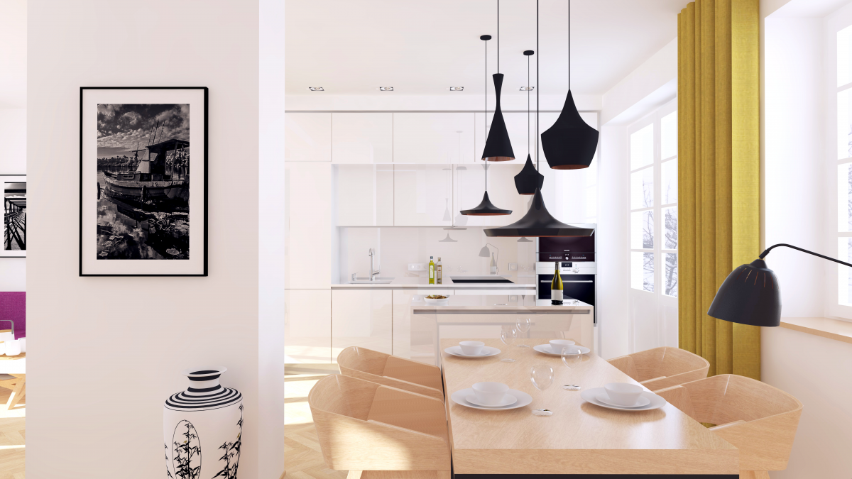 svěží barevná moderní retro rekonstrukce domu na Spořilově Praha kuchyň obývací pokoj bílá barva