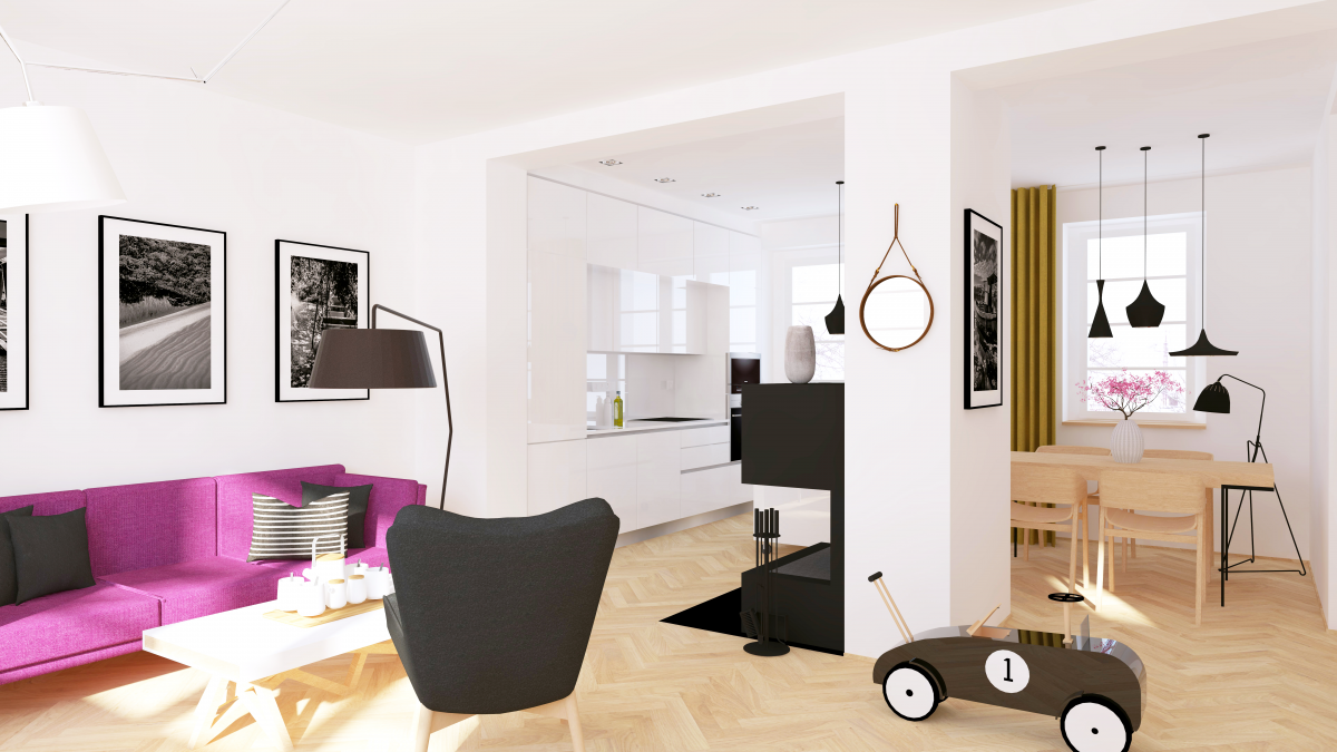 svěží barevná moderní retro rekonstrukce domu na Spořilově Praha kuchyň obývací pokoj bílá barva