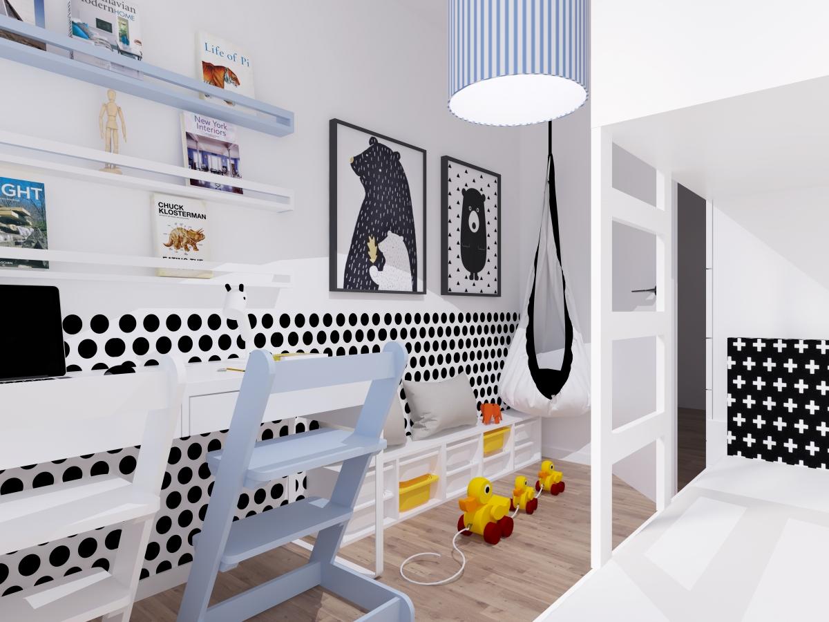 dětský pokoj 8m2 zvýšená postel černá bílá  polep na stěnu