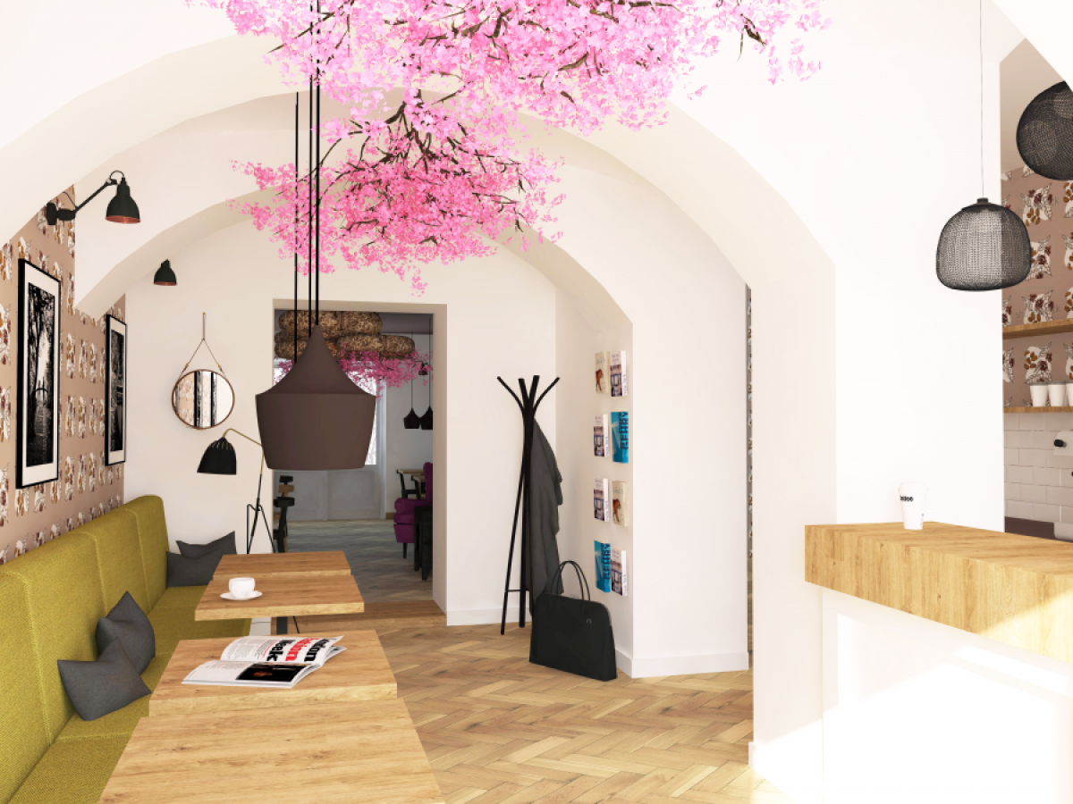 citlivá barevná rekonstrukce historického objektu na designovou kavárnu přírodní materiály barevná lavice retro