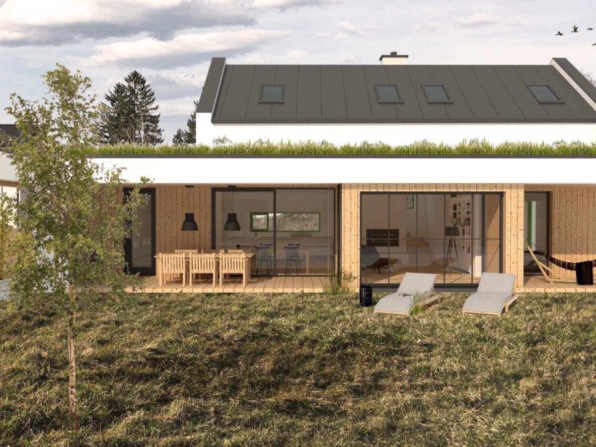 novostavba rodinného domu zelená střecha dřevo kombinace šikmé a rovné