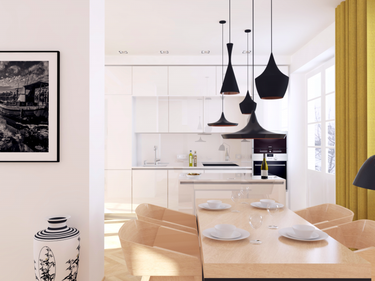 svěží barevná moderní retro rekonstrukce domu na Spořilově Praha kuchyň obývací pokoj bílá barva